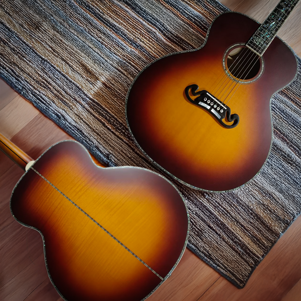 Byron Jumbo Left-Handed Acoustic Guitar – Tobacco Sunburst Finish-all solid flame maple