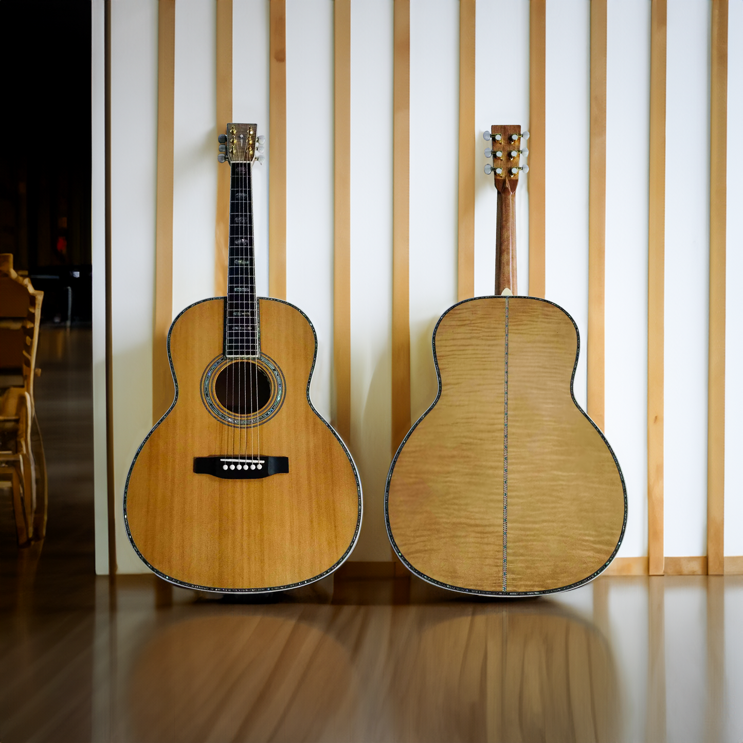 Linkshänder OOO45 Parlor-Gitarre aus Flamm-Ahorn, 12 Bünde, Linkshändermodell