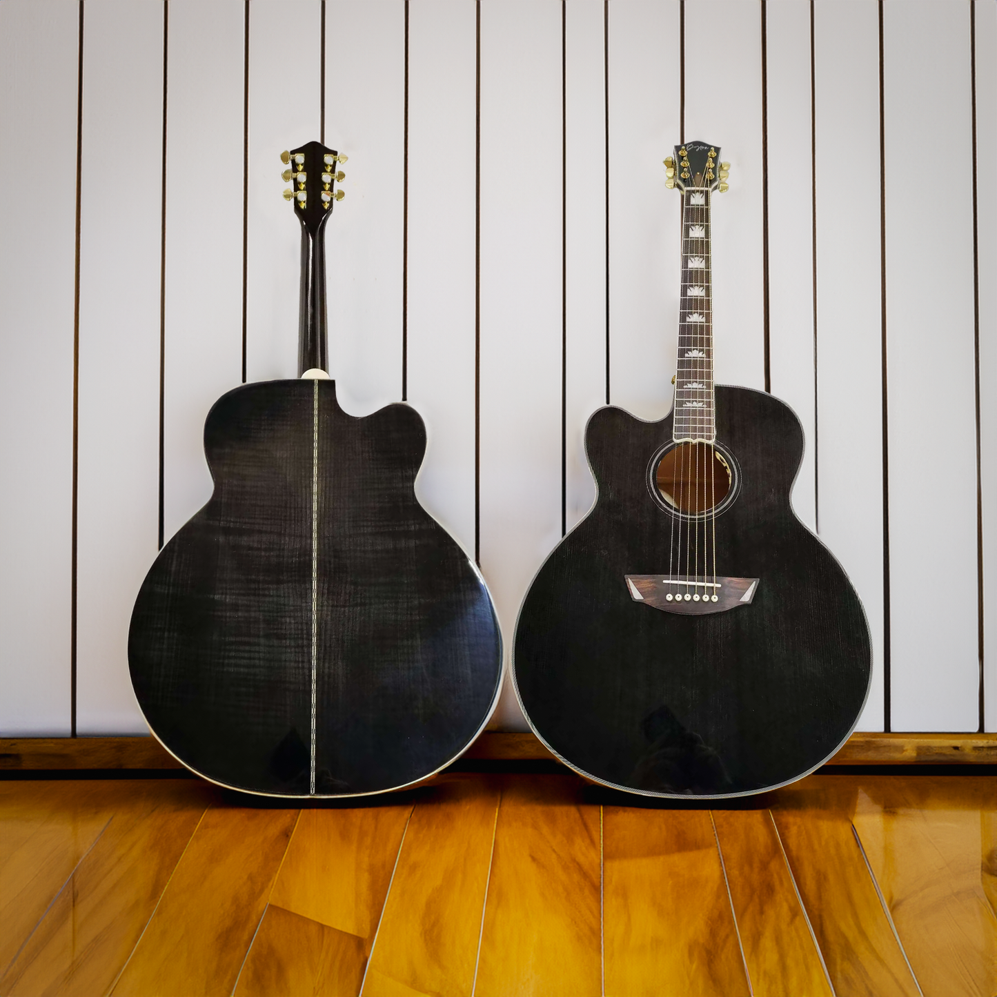 Jumbo-Korpus Linkshänder-Gitarre mit maßgeschneiderter Flammahorn-Cutaway