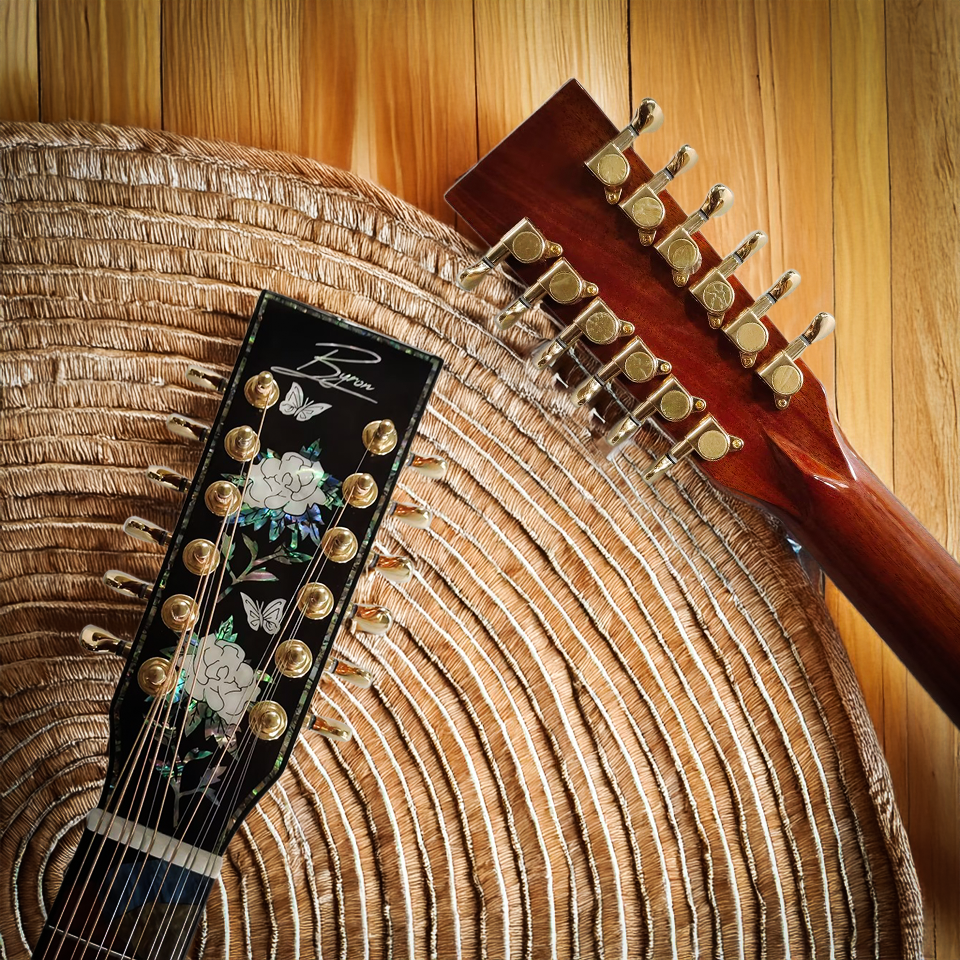 Byron 12-saitige Dreadnought Cutaway Gitarre, komplett aus massivem Koa-Holz, handgefertigt