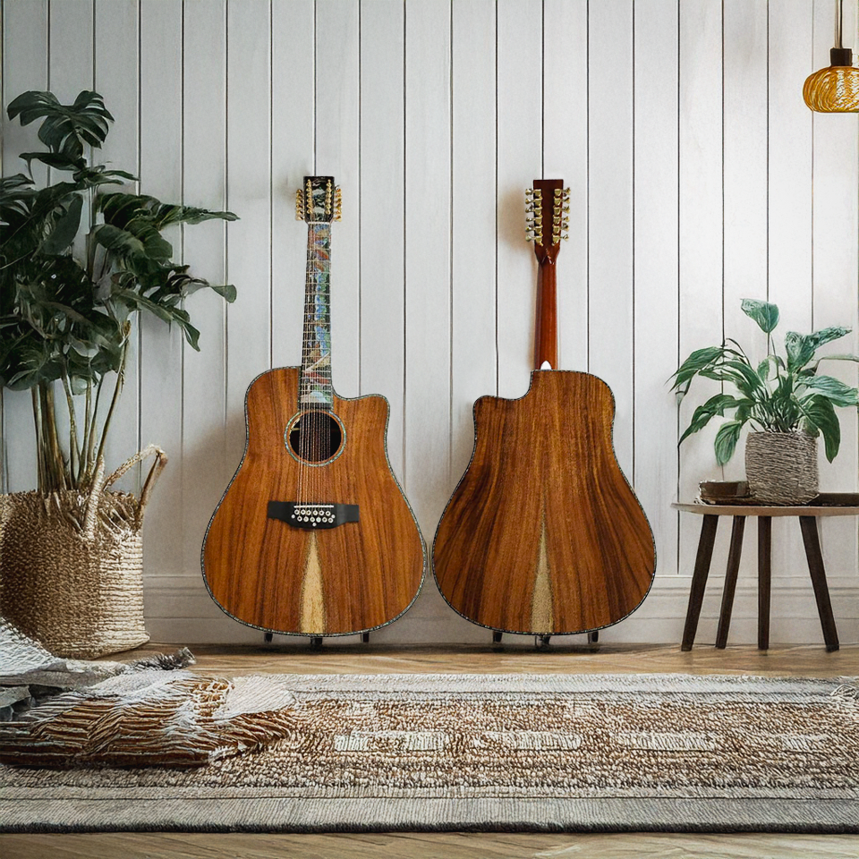 Byron 12-saitige Dreadnought Cutaway Gitarre, komplett aus massivem Koa-Holz, handgefertigt