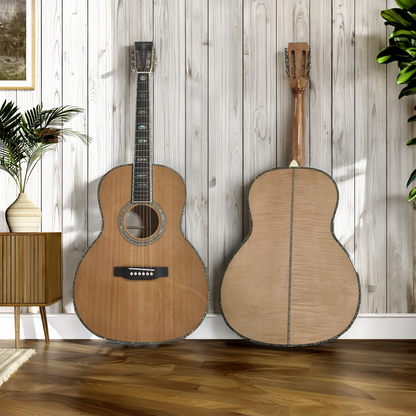 Left-Handed OOO45 Style Cedar & Flame Maple Acoustic-Electric Guitar | Byron Custom Guitars