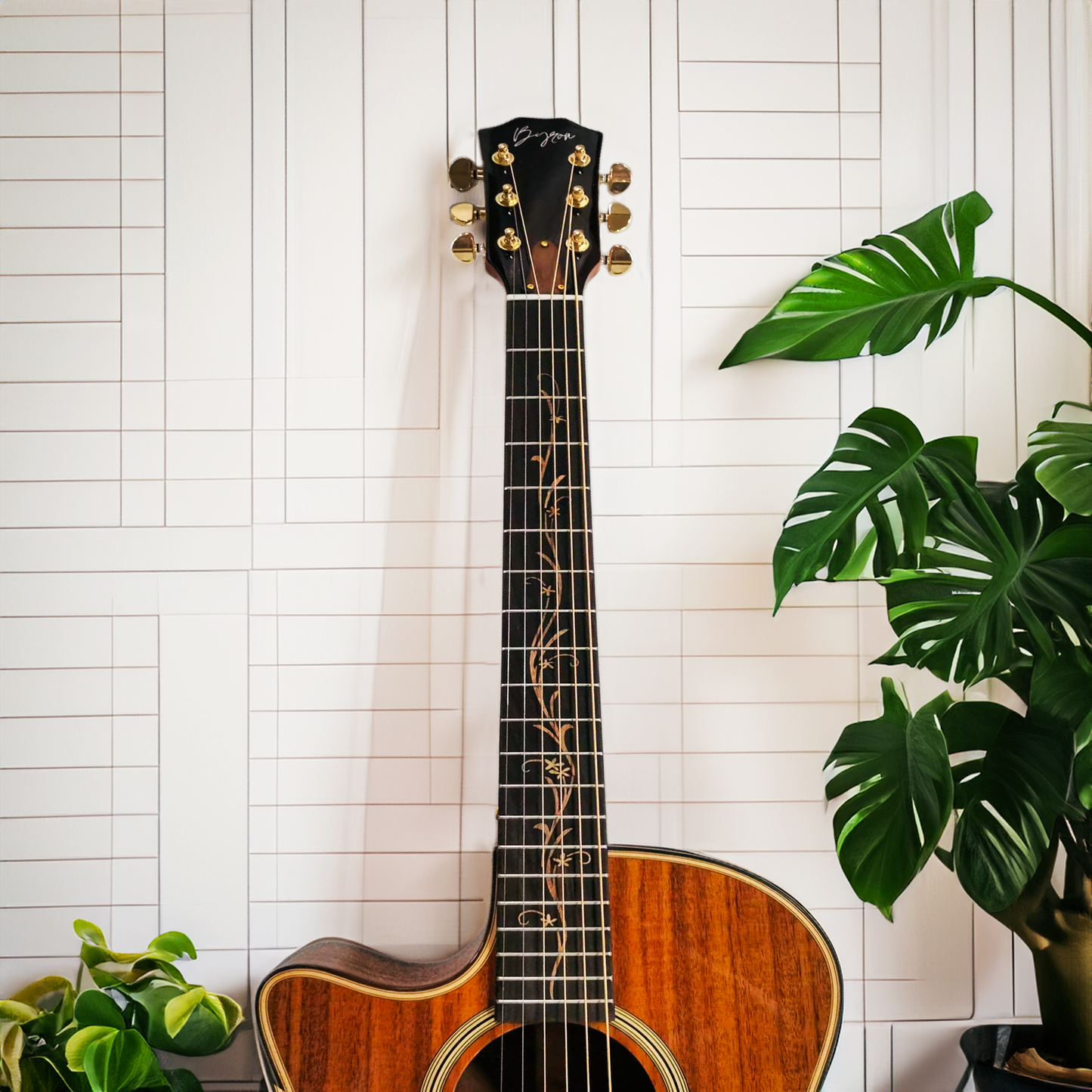 Left-Handed Koa Wood Acoustic-Electric Cutaway Guitar