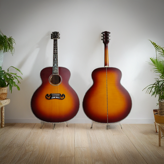 Byron Jumbo Left-Handed Acoustic Guitar – Tobacco Sunburst Finish-all solid flame maple